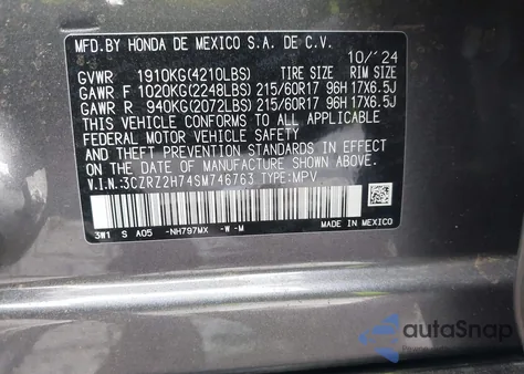 2025 Honda Hr-V Awd Ex-L z USA, uszkodzony, nr VIN 3CZRZ2H74SM746763